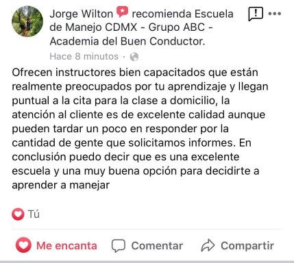Comentario positivo sobre Escuela de Manejo CDMX y su atención al cliente en clases a domicilio.