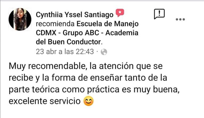 Comentario positivo sobre la Escuela de Manejo COMEX, destacando su atención y enseñanza.